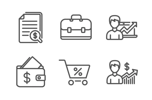 Finanzdokumente, Portemonnaie und Portfolio-Symbole gesetzt. Erfolgsbus — Stockvektor