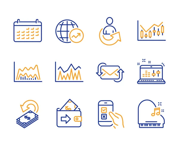 Pesquisa móvel, conjunto de ícones de investimento e compartilhamento. Verificação de som, Trad —  Vetores de Stock