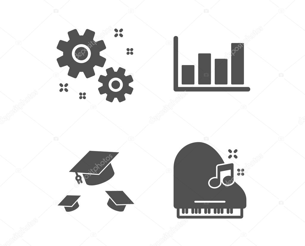 Work, Report diagram and Throw hats icons. Piano sign. Settings,