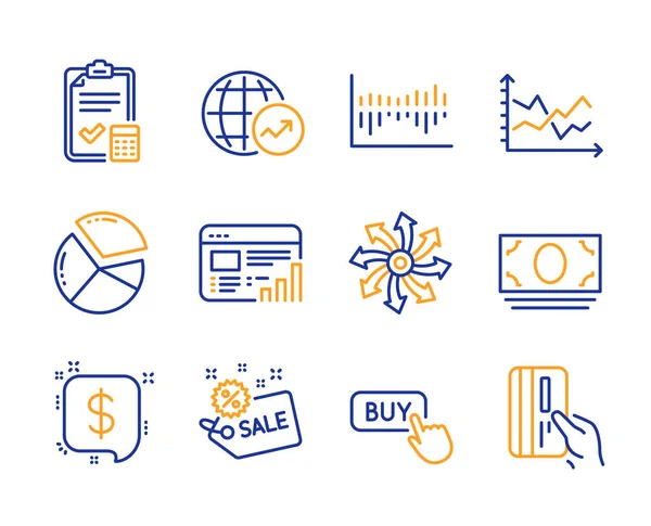 Estatísticas do mundo, diagrama de colunas e conjunto de ícones de botão Comprar. Pagamento — Vetor de Stock