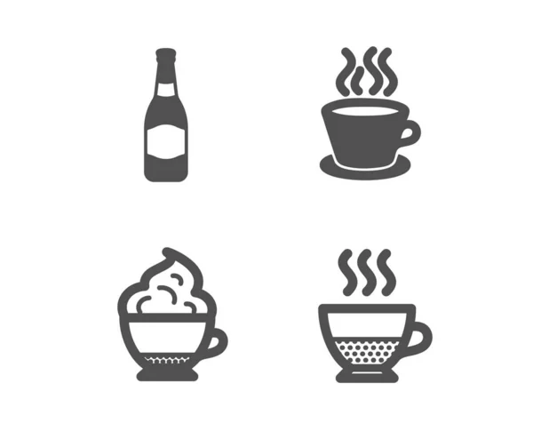 Cappuccino crème, bier fles en Tea Cup iconen. Doppio teken. Co — Stockvector