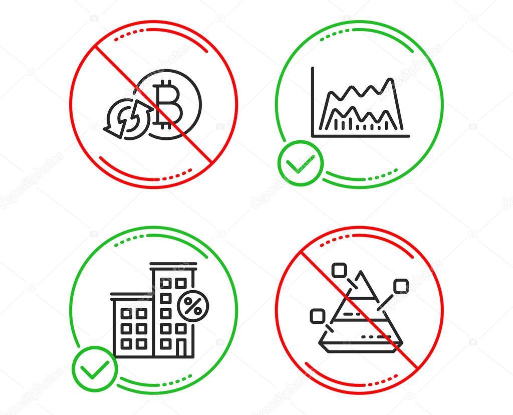 Refresh bitcoin, Trade chart and Loan house icons set. Pyramid c