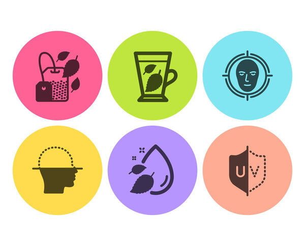 Mint bag, Water drop and Face scanning icons set. Mint leaves, F