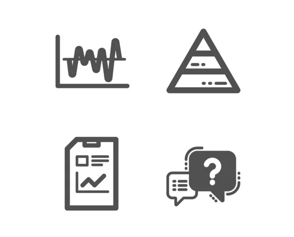 Document de rapport, graphique pyramidal et icônes d'analyse des stocks. Questio — Image vectorielle