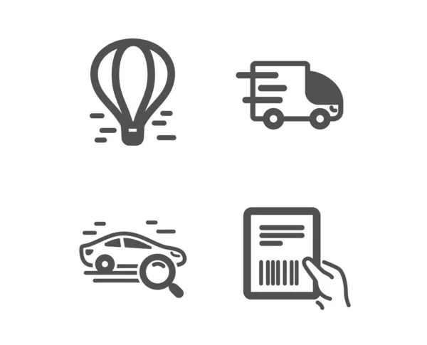 Aria palloncino, Ricerca auto e camion icone di consegna. Fattura del pacco — Vettoriale Stock
