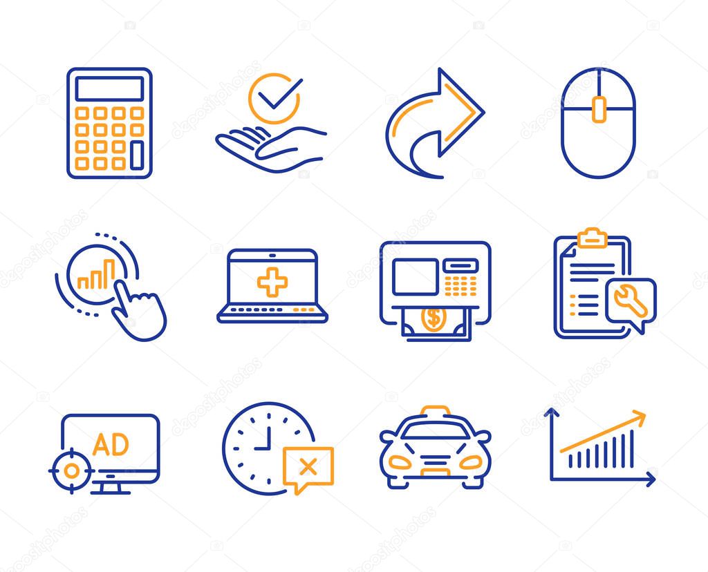 Atm, Seo adblock and Time icons set. Share, Medical help and Com