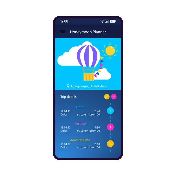 Honeymoon trip planner smartphone interface template