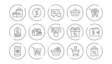 Alışveriş satırı simgeleri. Hediye, Yüzde işareti ve Satış indirimi. Linea