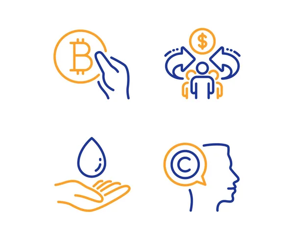 Sharing economy, Water care and Bitcoin pay icons set. Writer si — Stock Vector
