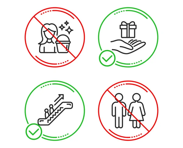 Conjunto de iconos del programa de escaleras mecánicas, limpieza y lealtad. Signo de baño — Archivo Imágenes Vectoriales