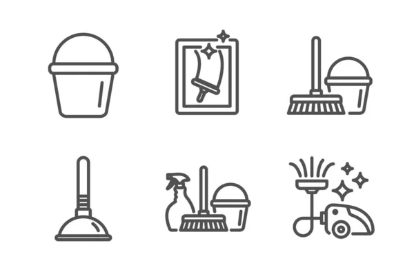 Zestaw ikon dla gospodarstw domowych, wiadra i tłoka. Czyszczenie okien — Wektor stockowy