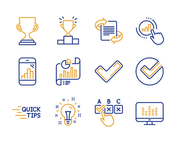 Conjunto de ícones de marketing, ideias e gráficos. Carrapato, documento de relatório —  Vetores de Stock