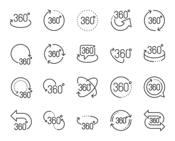 Iconos de línea de 360 grados. Flecha giratoria, simulación panorámica VR. Ve. — Archivo Imágenes Vectoriales