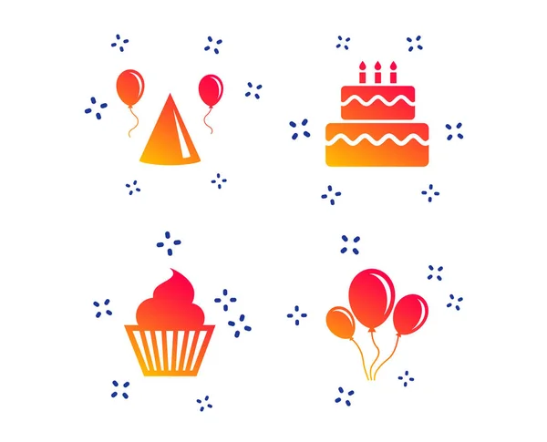 Fête d'anniversaire. Gâteau, ballon, chapeau et muffin. Vecteur — Image vectorielle