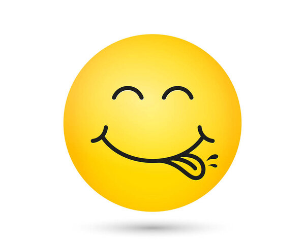 Yummy smiley emoticon with tongue lick mouth. Tasty food eating 