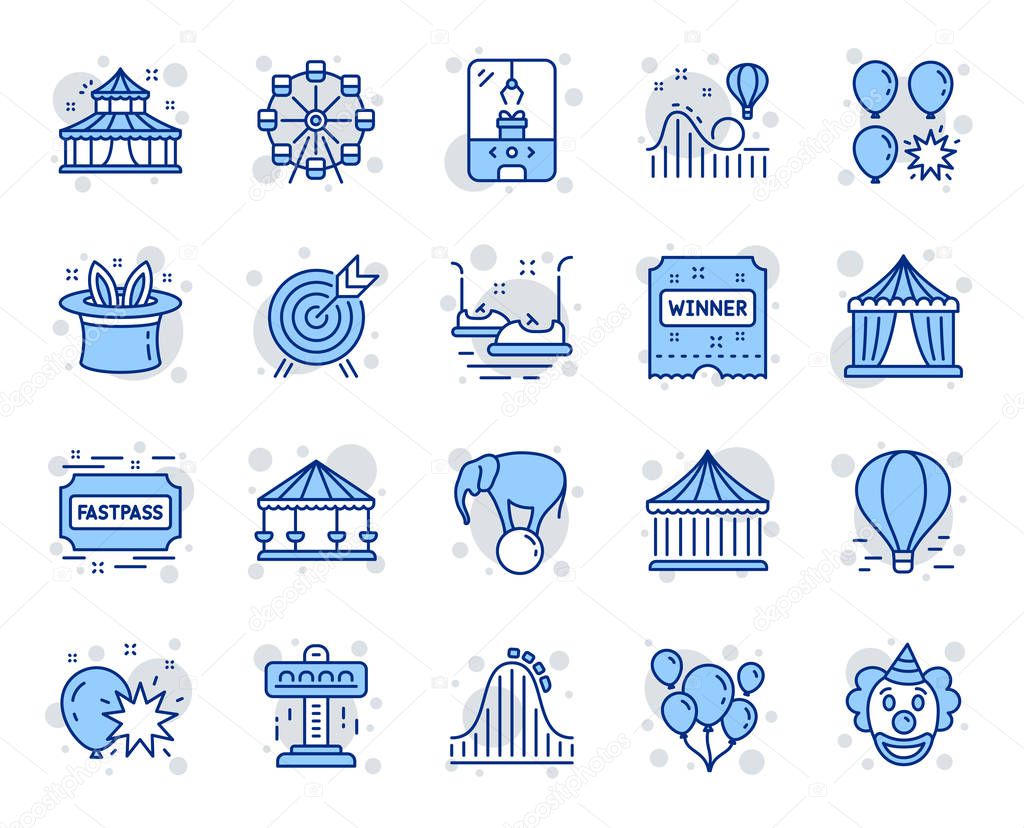 Amusement park line icons. Set of Carousels, Roller coaster and 