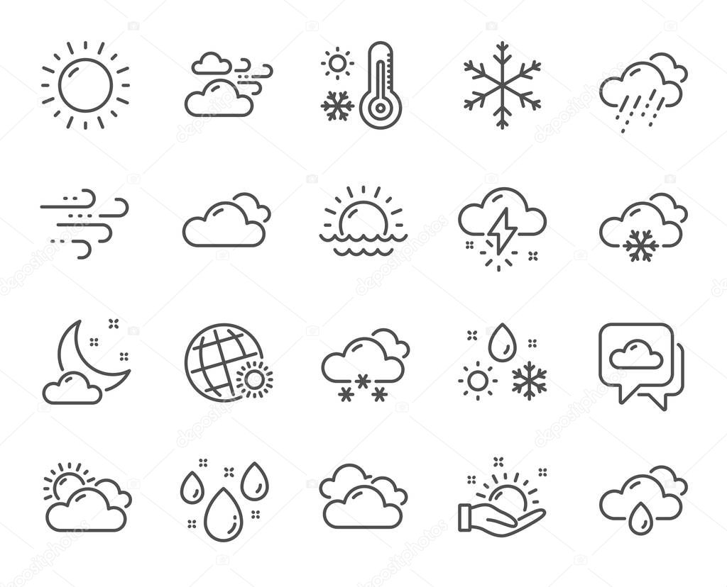 Weather and forecast line icons. Cloudy sky, winter snowflake an