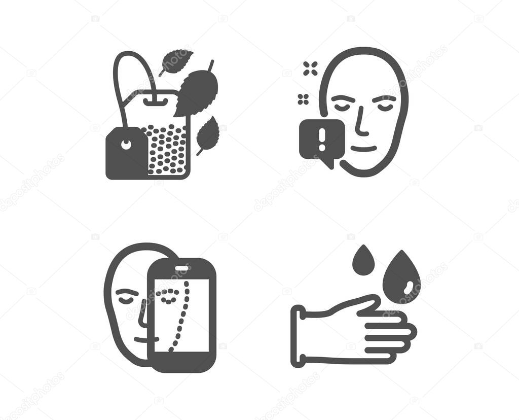 Face biometrics, Mint bag and Face attention icons. Rubber glove