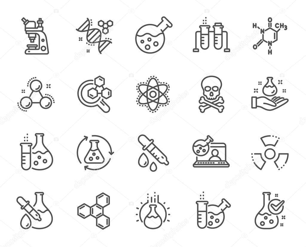 Chemistry lab line icons. Chemical formula, Microscope and Medic