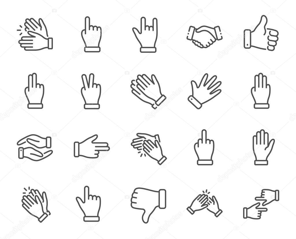 Hand gestures line icons. Handshake, Clapping hands, Victory. Ve