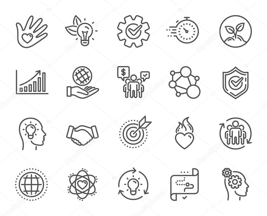 Core values line icons. Integrity, Target purpose and Strategy. 