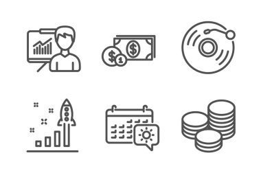 Dolar para, Vinil kayıt ve Sunum simgeleri ayarlayın. Seyahat takvimi, Geliştirme planı ve İpuçları işaretleri. Vektör