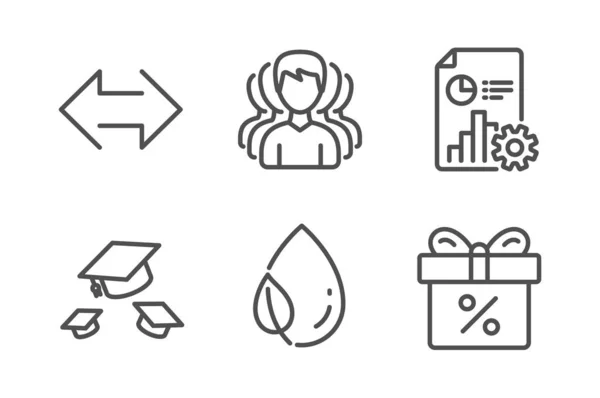 Conjunto de ícones de grupo, relatórios e chapéus de lançamento. Sincronizar, Folha de orvalho e Discount oferecer sinais. Vetor — Vetor de Stock