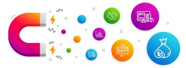 Takvim, Online ödeme ve Kredi kartı simgeleri ayarlanır. Diyagram grafiği, Kredi yüzdesi ve Nakit işaretleri. Vektör