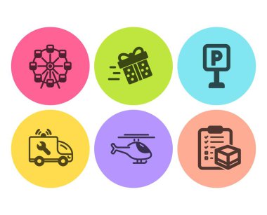 Mevcut teslimat, Helikopter ve Dönme dolap simgeleri ayarlayın. Araç servisi, Otopark ve Parsel kontrol listesi tabelaları. Vektör