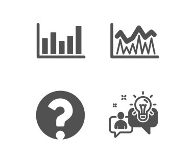 Column chart, Investment and Question mark icons. Idea sign. Financial graph, Economic statistics, Ask support. Vector