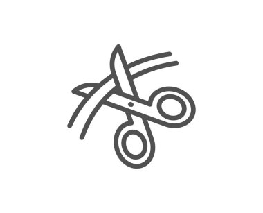 Makas satır simgesi. Kurdele işaretini kesip. Terzi mutfak eşyaları. Vektör