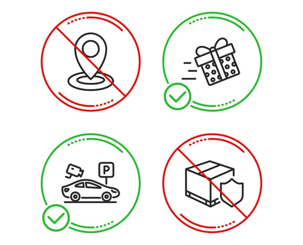 Parcheggio di sicurezza, Posizione e consegna Presente set di icone. Segnale di assicurazione di consegna. Vettore — Vettoriale Stock
