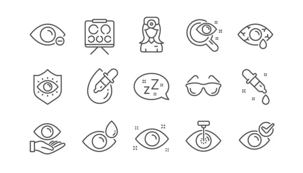 Optometry, Eye doctor line icons. Medical laser eye surgery, glasses and eyedropper. Linear set. Vector — Stock Vector