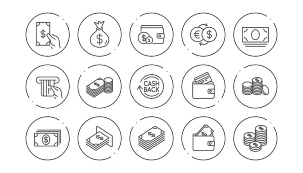 Geld und Zahlungsleitungssymbole. Bargeld, Geldbörse und Münzen. Linearer Symbolsatz. Vektor — Stockvektor