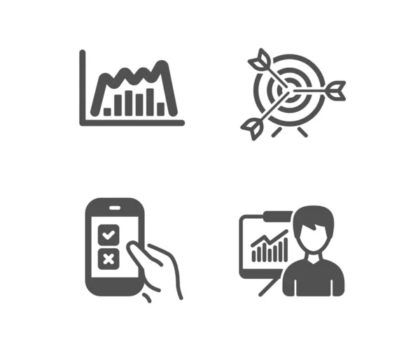 Ziel, mobile Umfrage und Infografik-Symbole. Präsentationsschild. Targeting, Telefon-Quiztest, Liniendiagramm. Vektor — Stockvektor