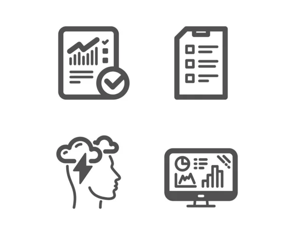 Lista de verificación, Mindfulness estrés y Comprobado iconos de cálculo. Signo gráfico analítico. Vector — Vector de stock