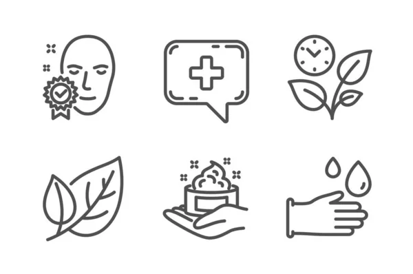 Huidverzorging, medische chat en Leaf icons set. Bladeren, gezicht geverifieerd en rubber handschoenen borden. Vector — Stockvector