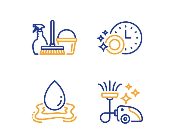 Vaatwasser timer, water splash en huishoudelijke service icons set. Stofzuiger teken. Vector — Stockvector