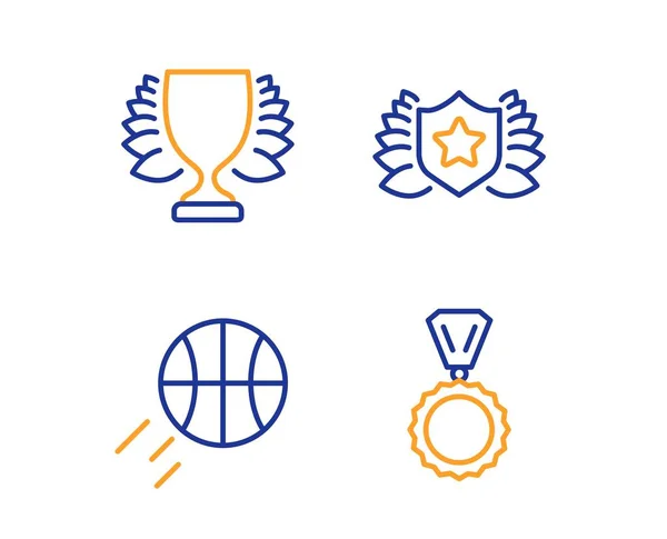 Vinnare, pristagare och basket ikoner set. Medalj tecken. Sportprestation, utmärkelse sköld, sportklumpa ihop sig. Vinnare. Vektor — Stock vektor