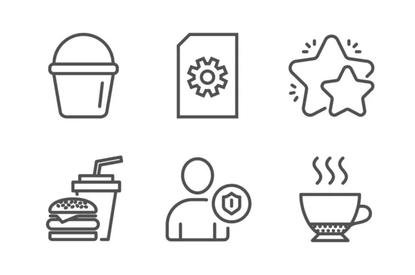 Balde, estrela e ícones de hambúrguer set. Segurança, Gerenciamento de arquivos e sinais Espresso. Vetor — Vetor de Stock