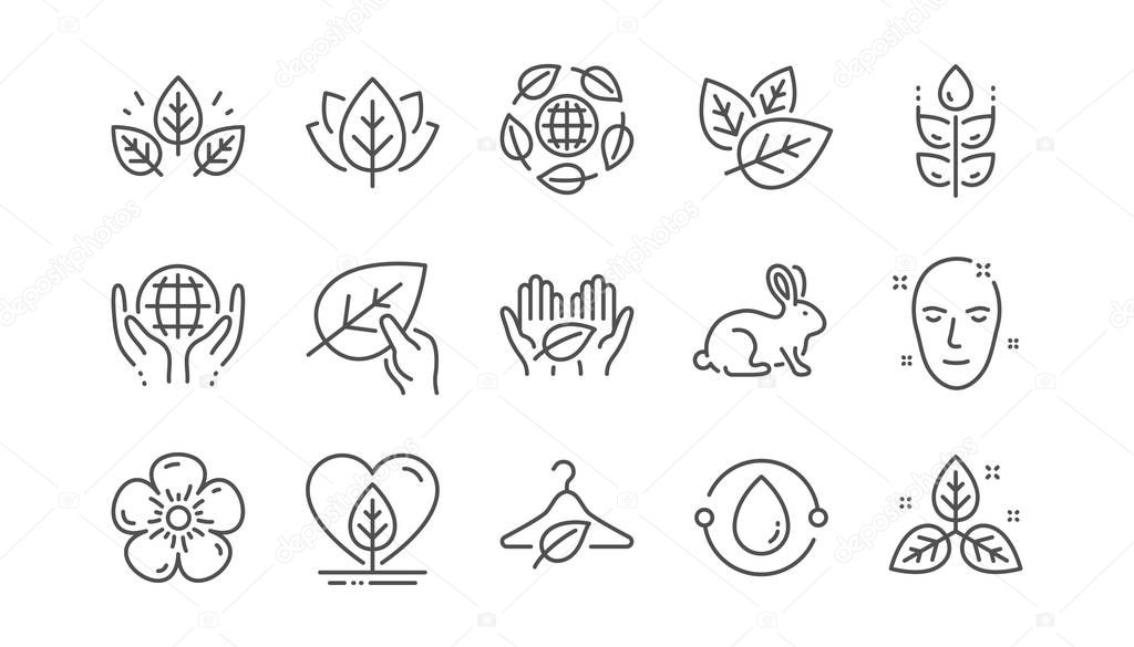 Organic cosmetics line icons. Slow fashion, synthetic fragrance, fair trade. Sustainable textiles, animal testing, eco organic icons. Linear set. Vector