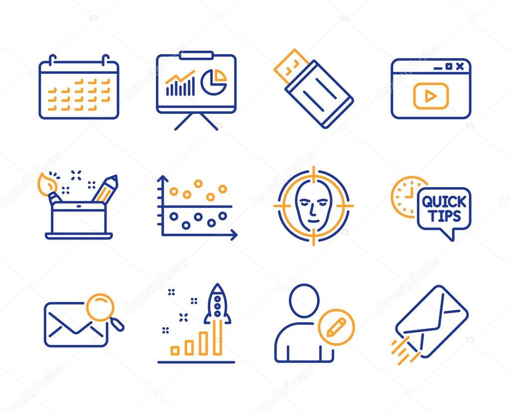 Presentation, Edit user and Search mail icons set. Development plan, Calendar and Quick tips signs. Vector