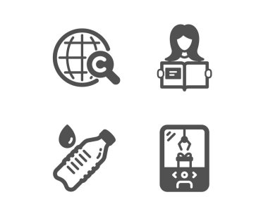 Uluslararası Сopyright, kadın okuma ve su şişesi simgeleri. Vinç pençe makine işareti. Vektör