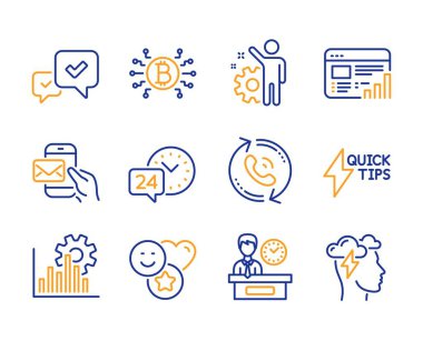 Onayla, Hızlı Başlangıç Kılavuzu ve Web raporu simgeleri ayarlayın. Çağrı Merkezi, 24 saat hizmet ve çalışan işaretleri. Vektör