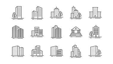 Binalar çizgi simgeleri. Banka, otel, mahkeme. Şehir mimarisi, gökdelen binası. Vektör