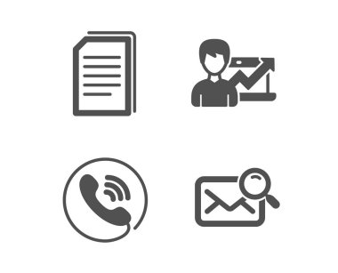 Başarı iş, kopyalama dosyaları ve çağrı merkezi simgeleri. Arama posta işareti. Vektör