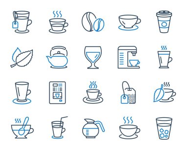 Kahve ve çay hattı simgeleri. Çaydanlık, Kahvepot. Vektör