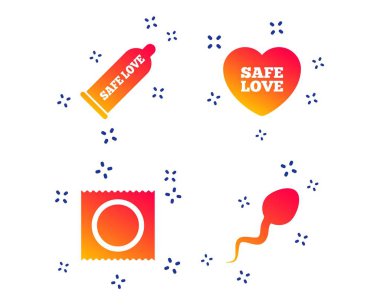 Güvenli seks aşk simgeleri. Paket sembollerde prezervatif. Vektör