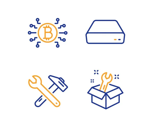 Mini pc, Bitcoin system and Spanner tool icons set. Spanner sign. Computer, Cryptocurrency scheme, Repair. Vector — Stock Vector