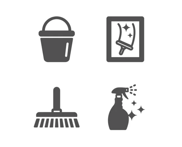 清洁拖把, 桶和窗户清洁图标。清洗清洁剂的标志。向量 — 图库矢量图片